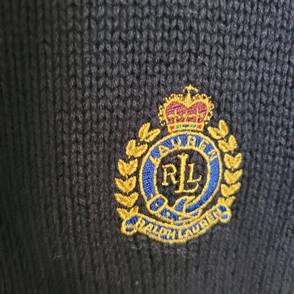 Ralph Lauren Black Sweater with Embroidered Crest Zipper Hoodie Black